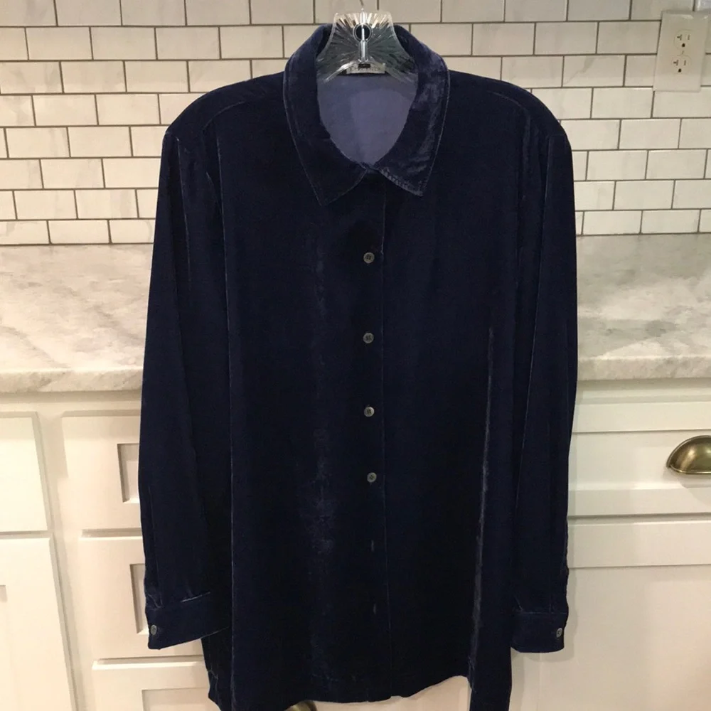 John Mark Button Up Shirt Womens Large Blue Velvet Tunic Top Lagenlook Classic - Picture 1 of 8